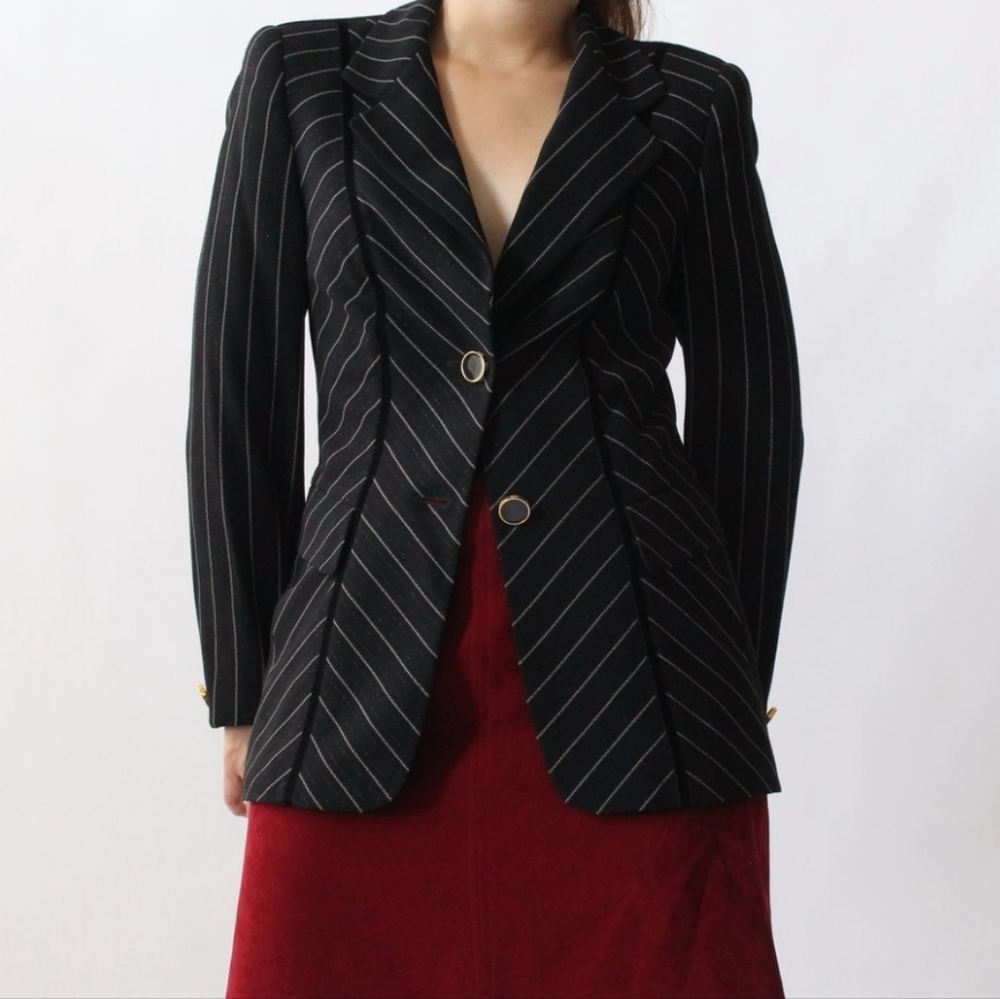 Vintage Black Wool Escada By Margaretha Ley Striped Blazer Jacket Size EU 36